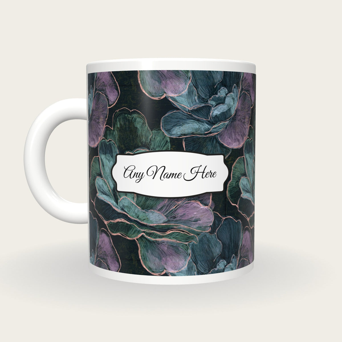 Scratchboard Camellias Name Mug, back with the second name label