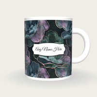 Scratchboard Camellias Name Mug, front with the name label