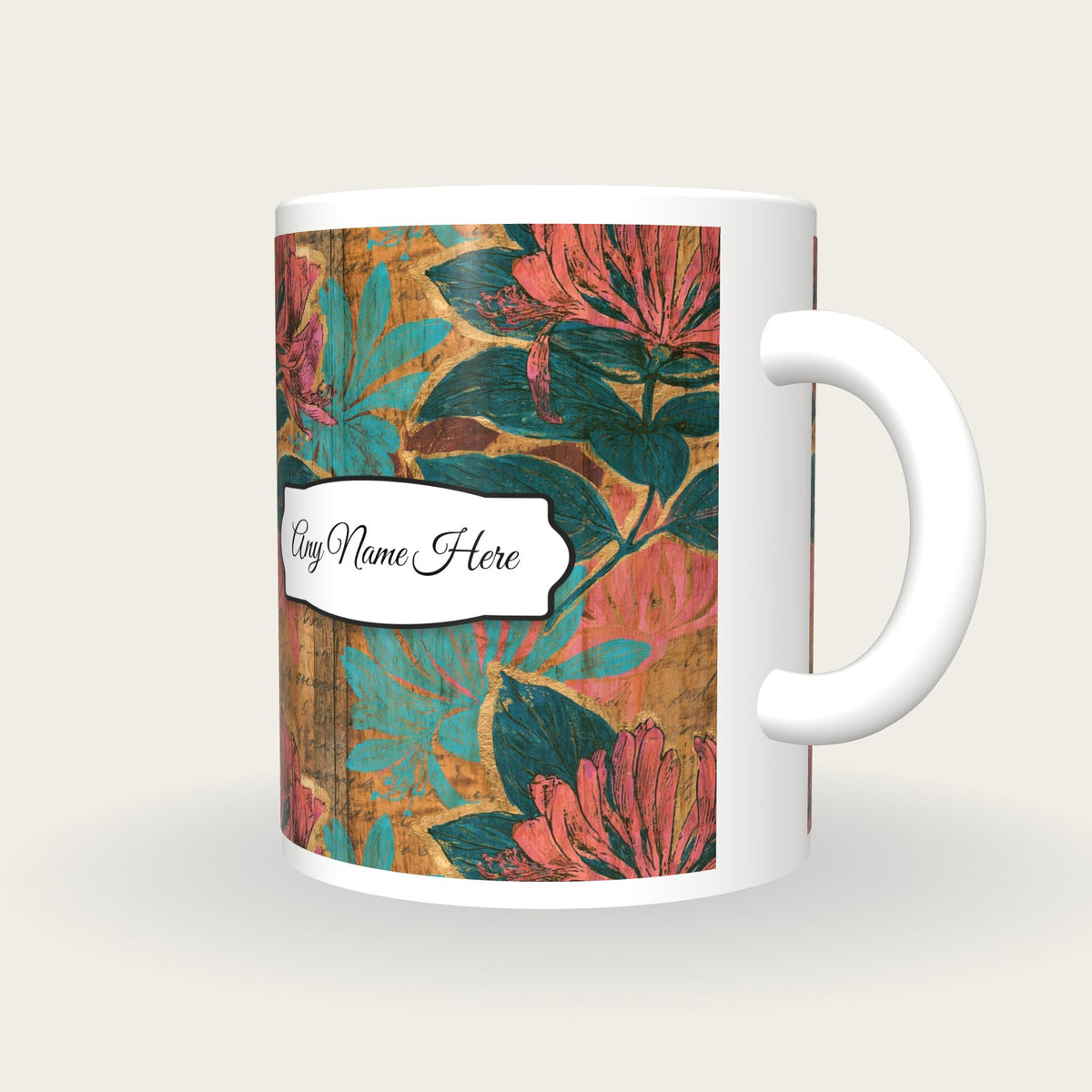 Pyrography Honeysuckle Name Mug, three-quarter view