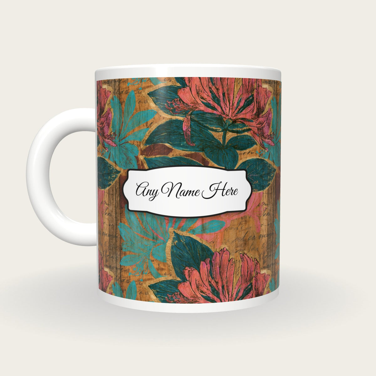 Pyrography Honeysuckle Name Mug, back with the second name label