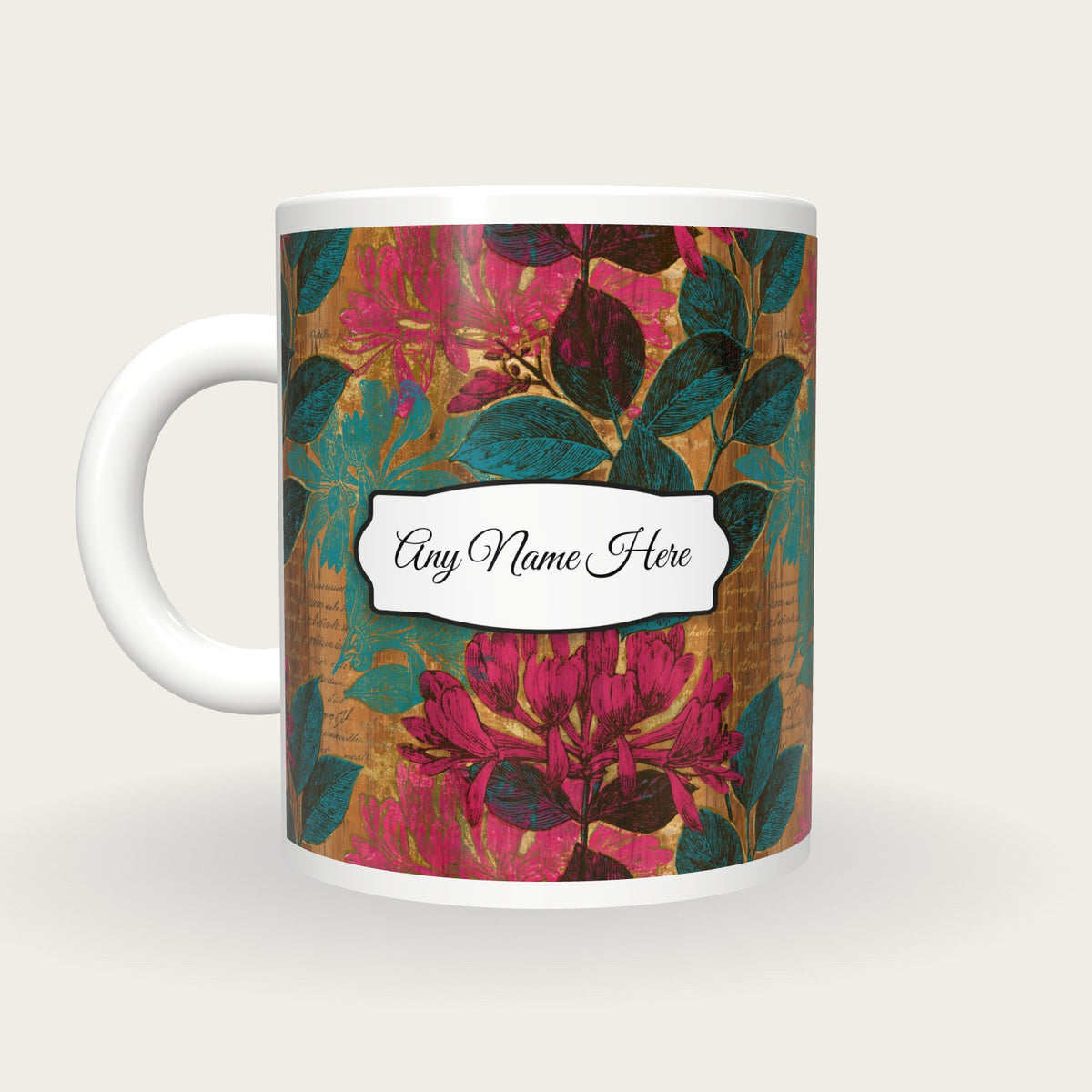 Pyrography Honeysuckle Name Mug 2, back with the second name label
