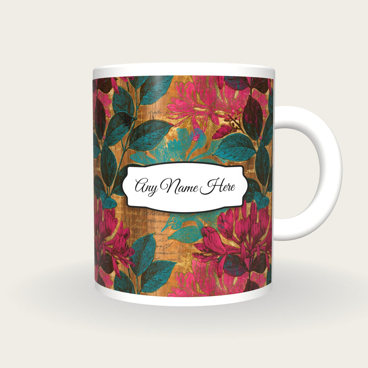 Pyrography Honeysuckle Name Mug 2, front with the name label