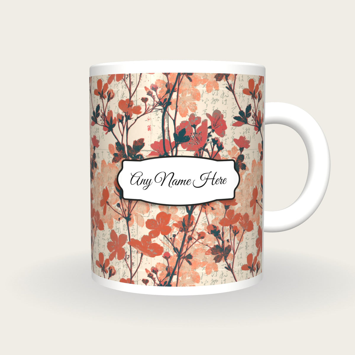 Screenprint Wildflowers Name Mug 3, front with the name label