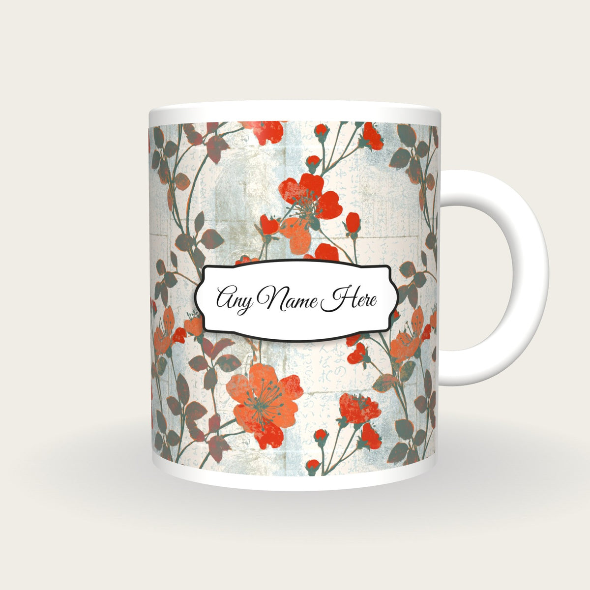 Screenprint Wildflowers Name Mug 4, front with the name label