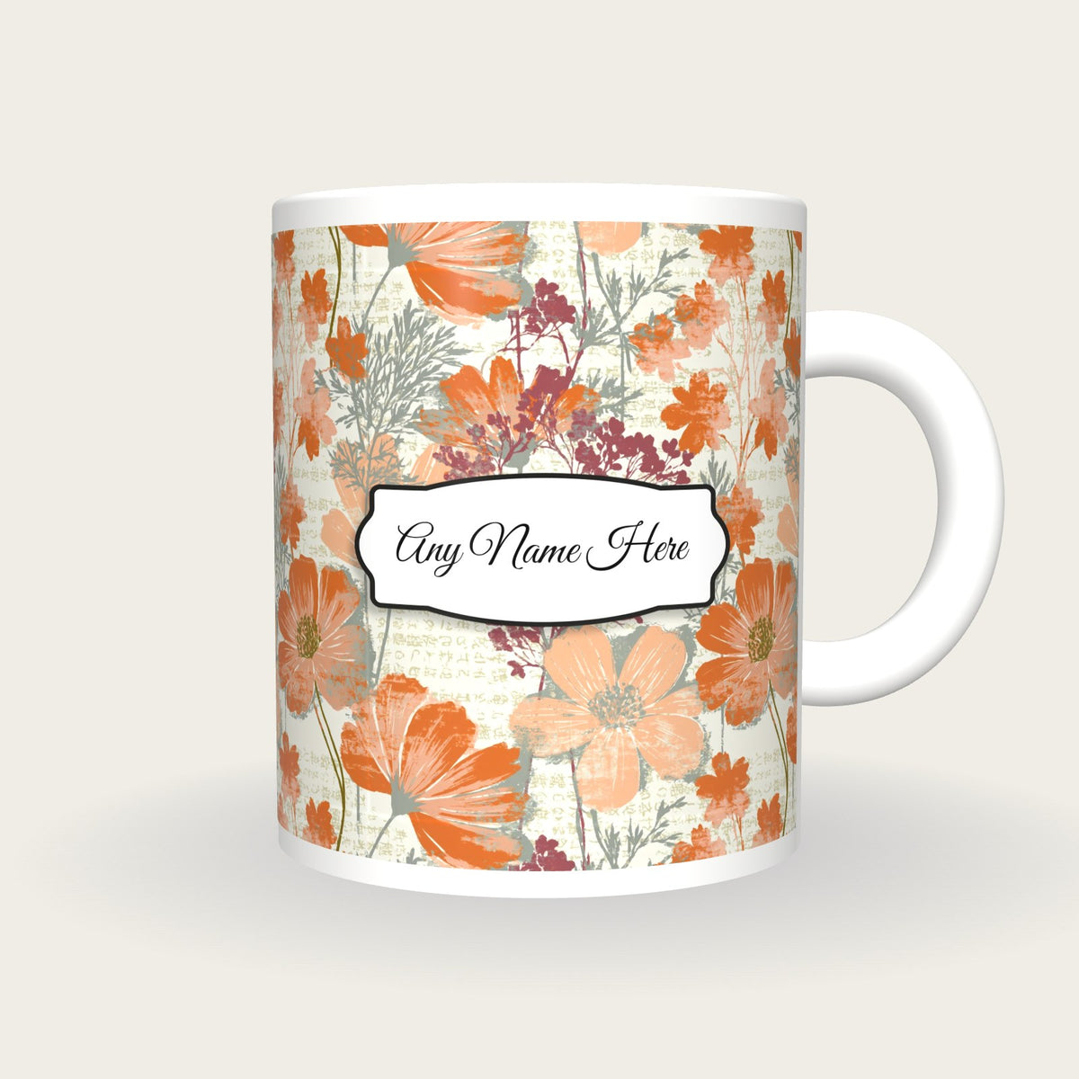 Screenprint Wildflowers Name Mug 2, front with the name label