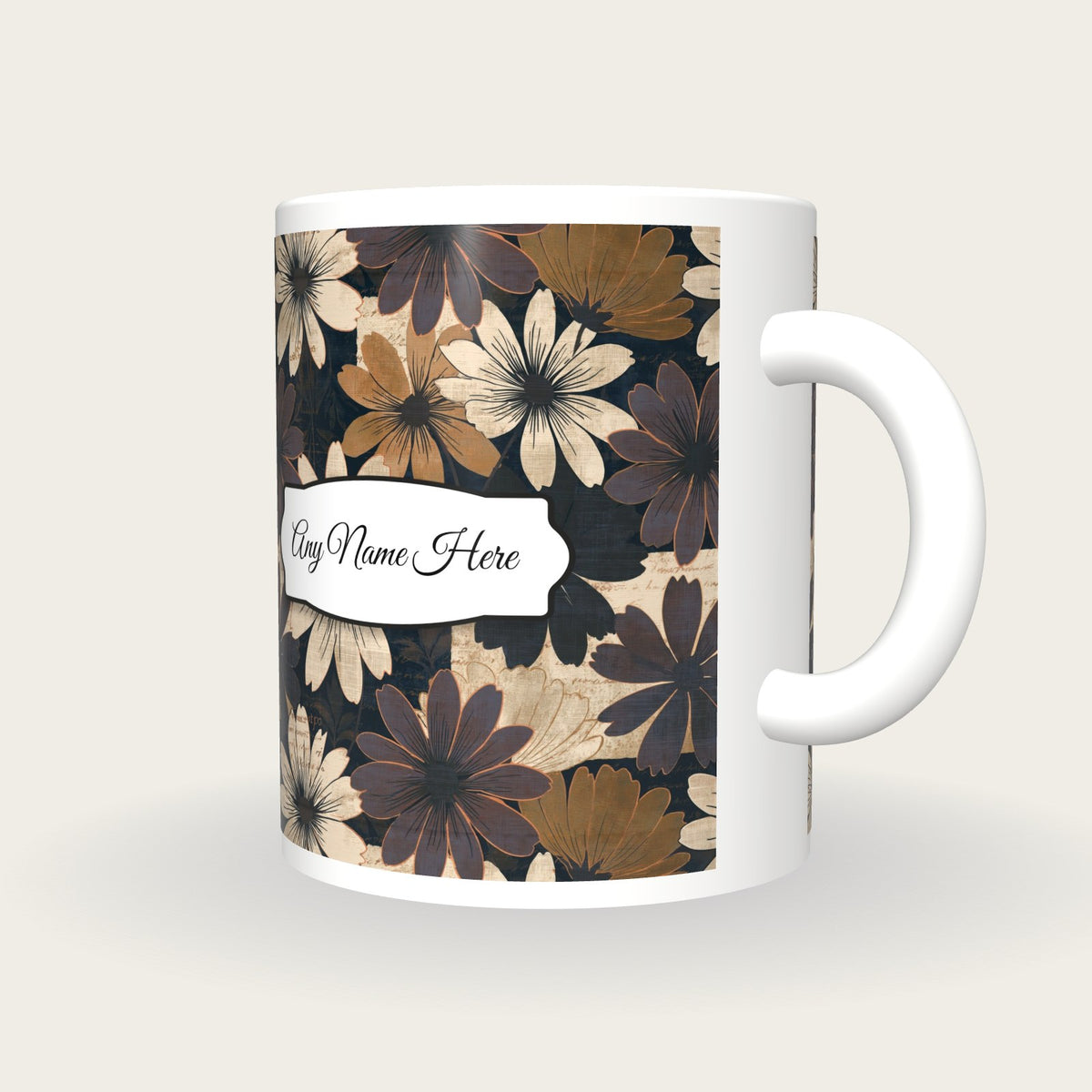 Scratchboard Daisy Name Mug, three-quarter view