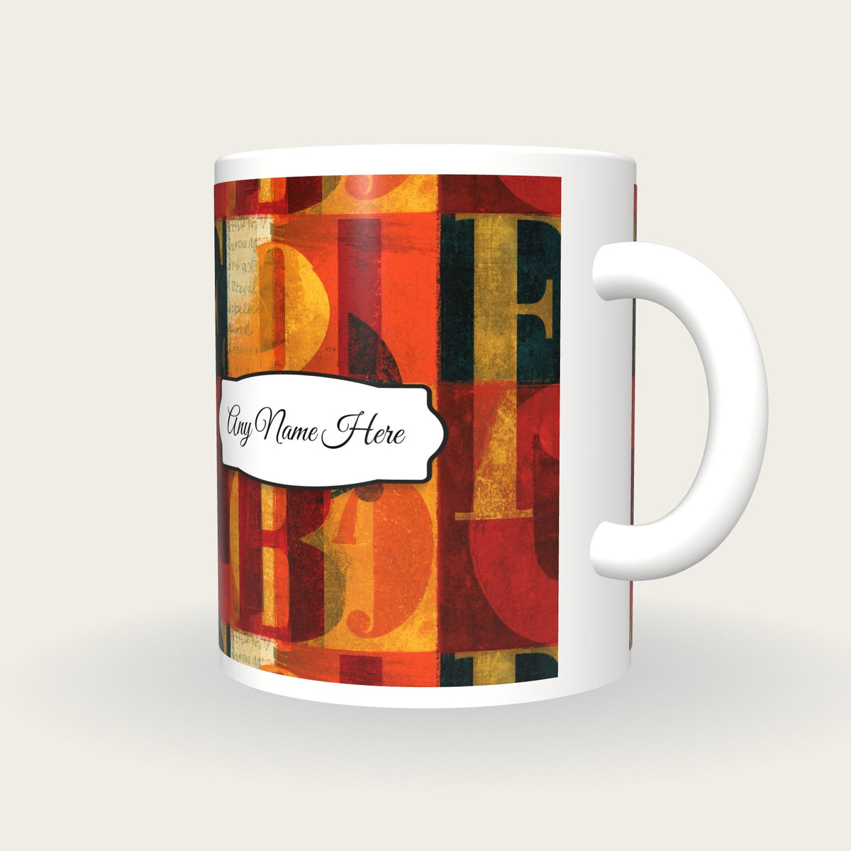 ASCII Turmeric Abstract Name Mug, three-quarter view