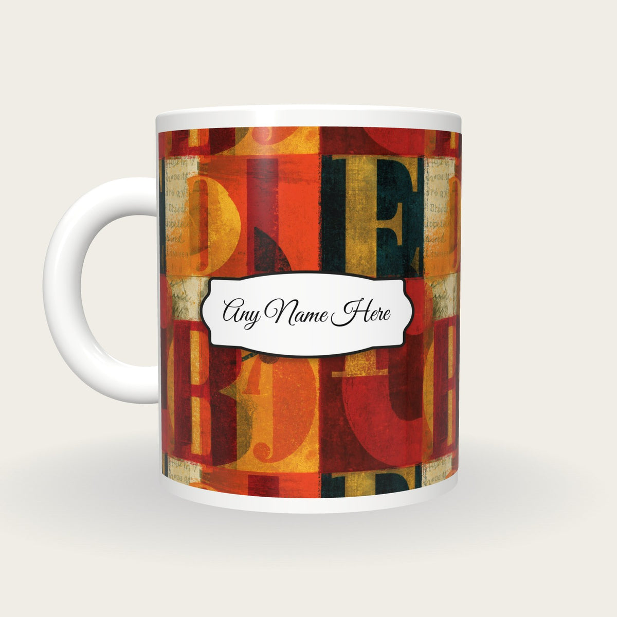 ASCII Turmeric Abstract Name Mug, back with the second name label