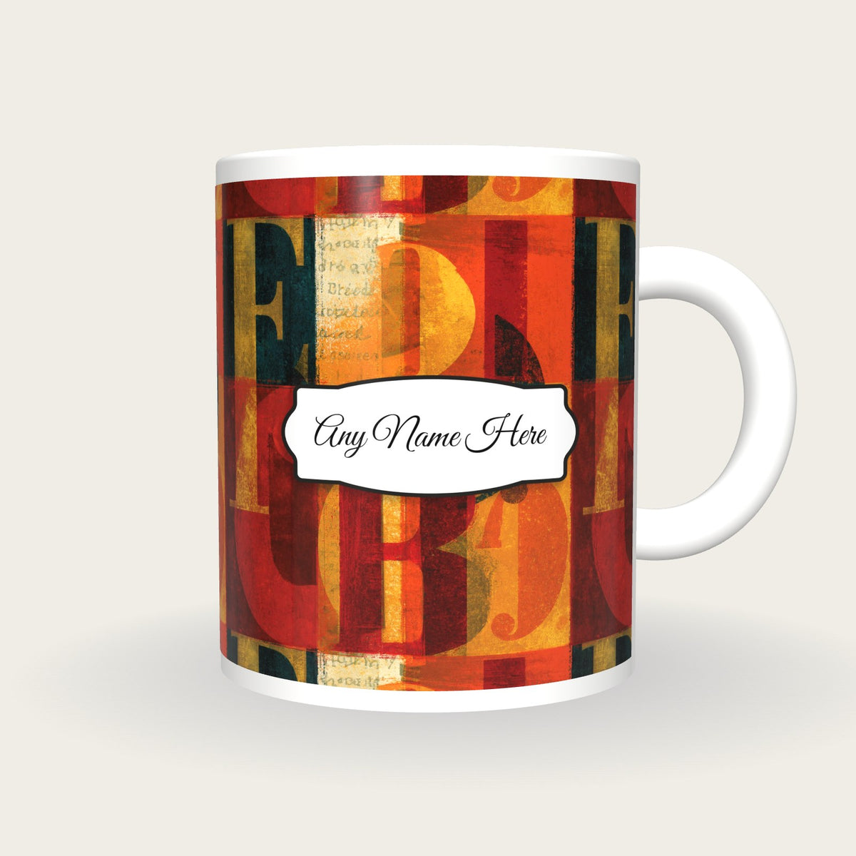 ASCII Turmeric Abstract Name Mug, front with the name label