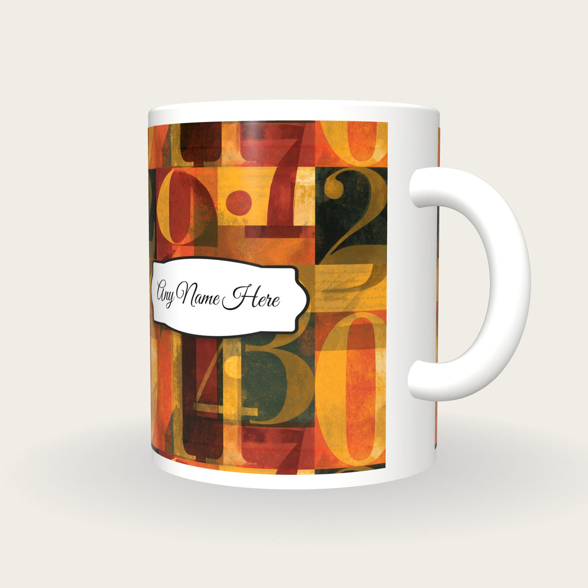 ASCII Turmeric Abstract Name Mug 3, three-quarter view