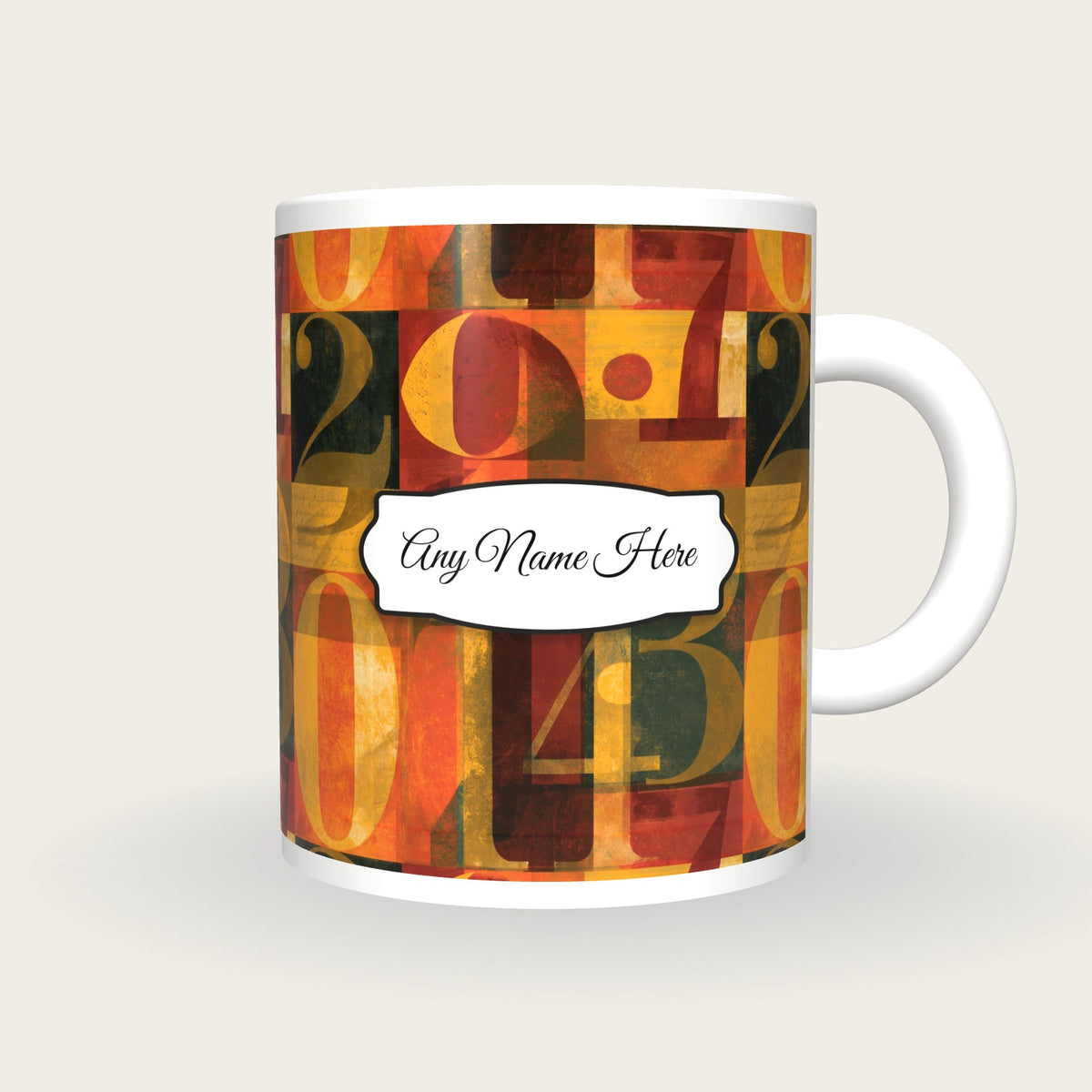 ASCII Turmeric Abstract Name Mug 3, front with the name label