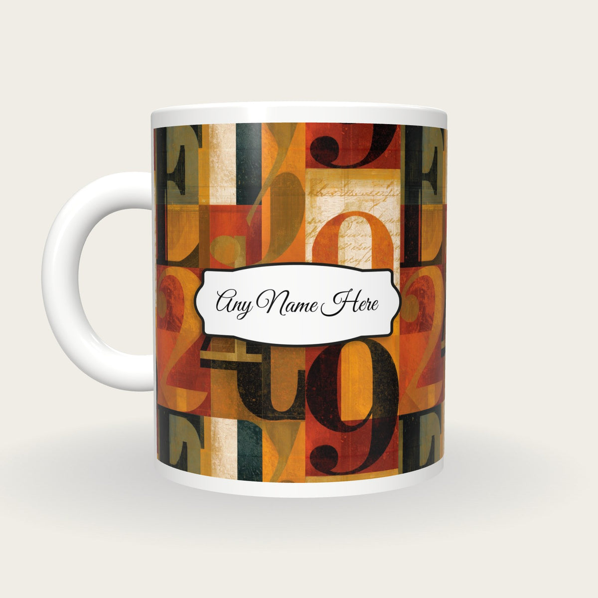 ASCII Turmeric Abstract Name Mug 2, back with the second name label