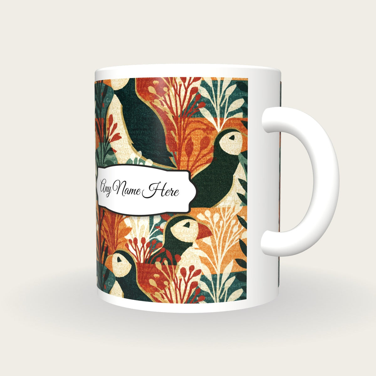 Screenprint Puffins Name Mug, three-quarter view