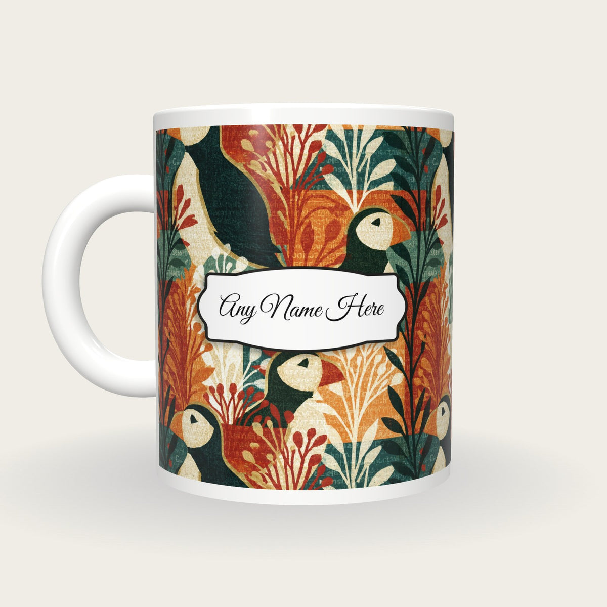 Screenprint Puffins Name Mug, back with the second name label