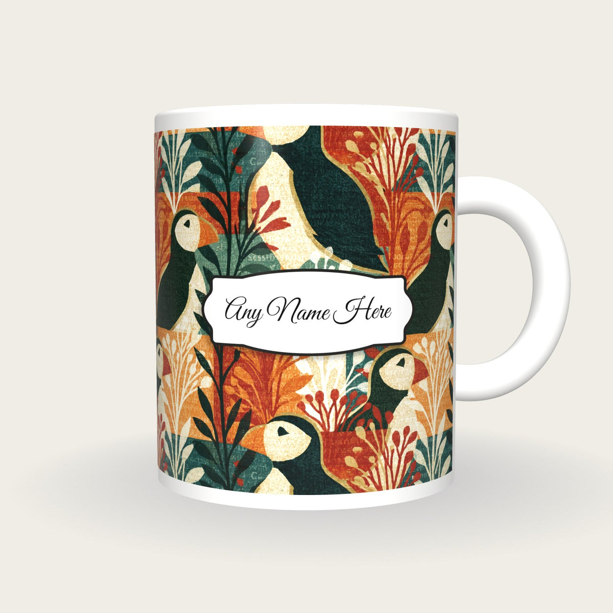 Screenprint Puffins Name Mug, front with the name label