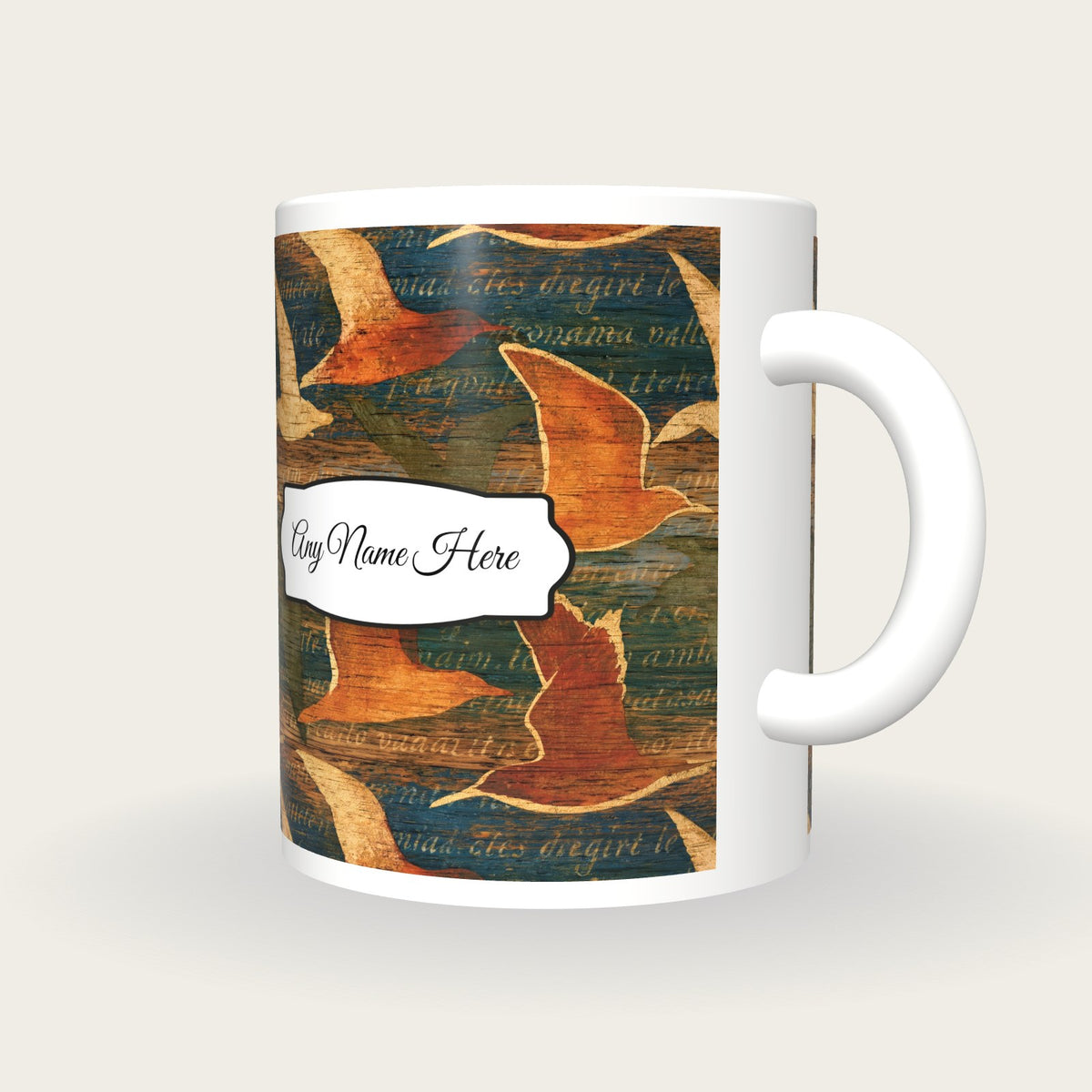 Pyrography Gulls Name Mug, three-quarter view