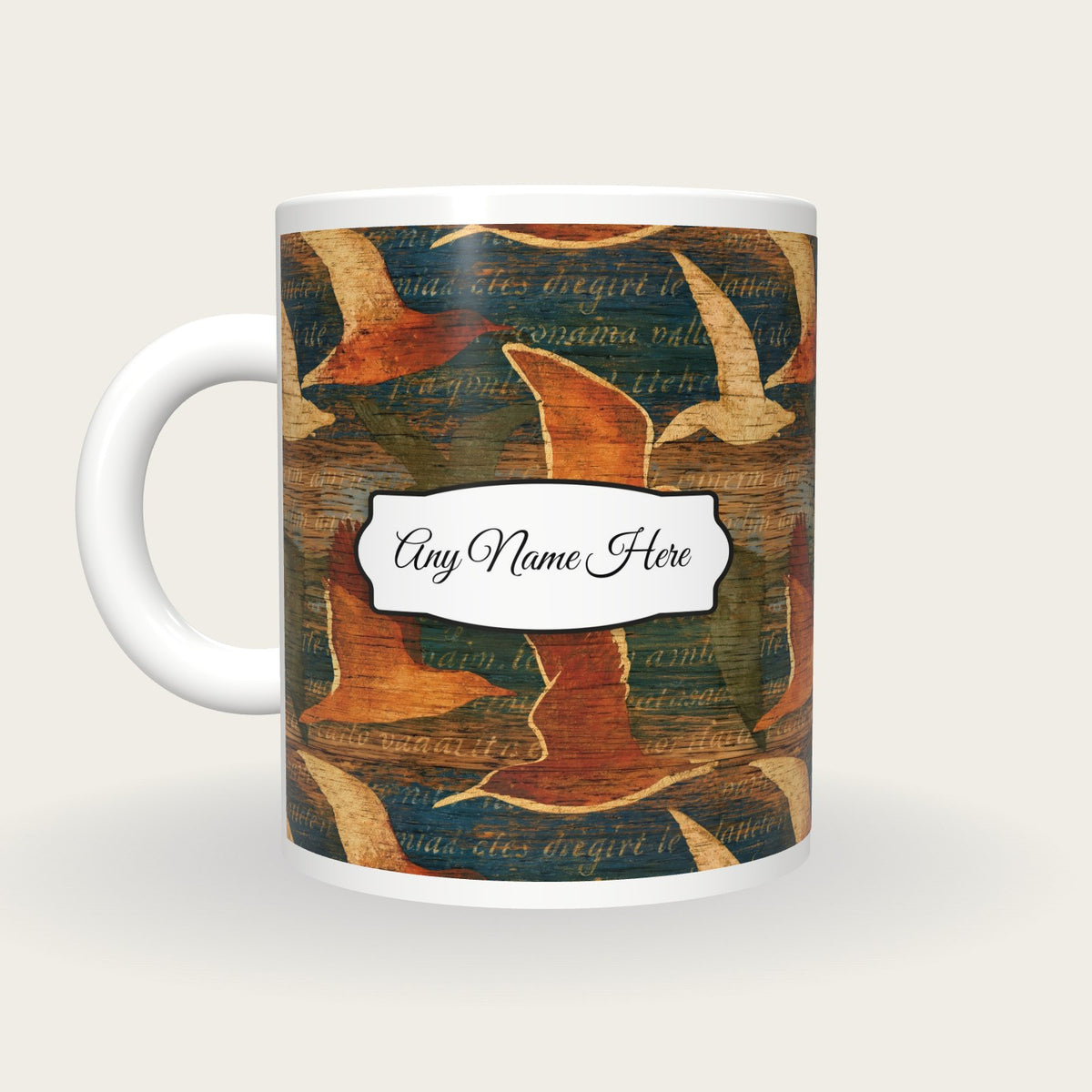 Pyrography Gulls Name Mug, back with the second name label