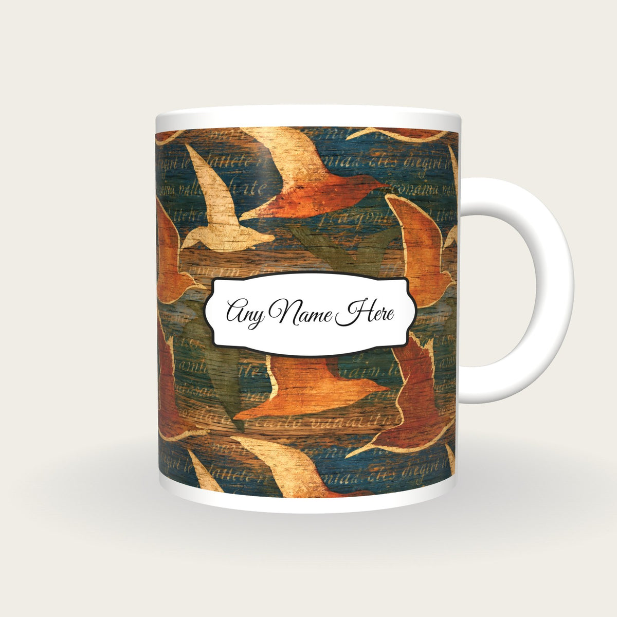 Pyrography Gulls Name Mug, front with the name label