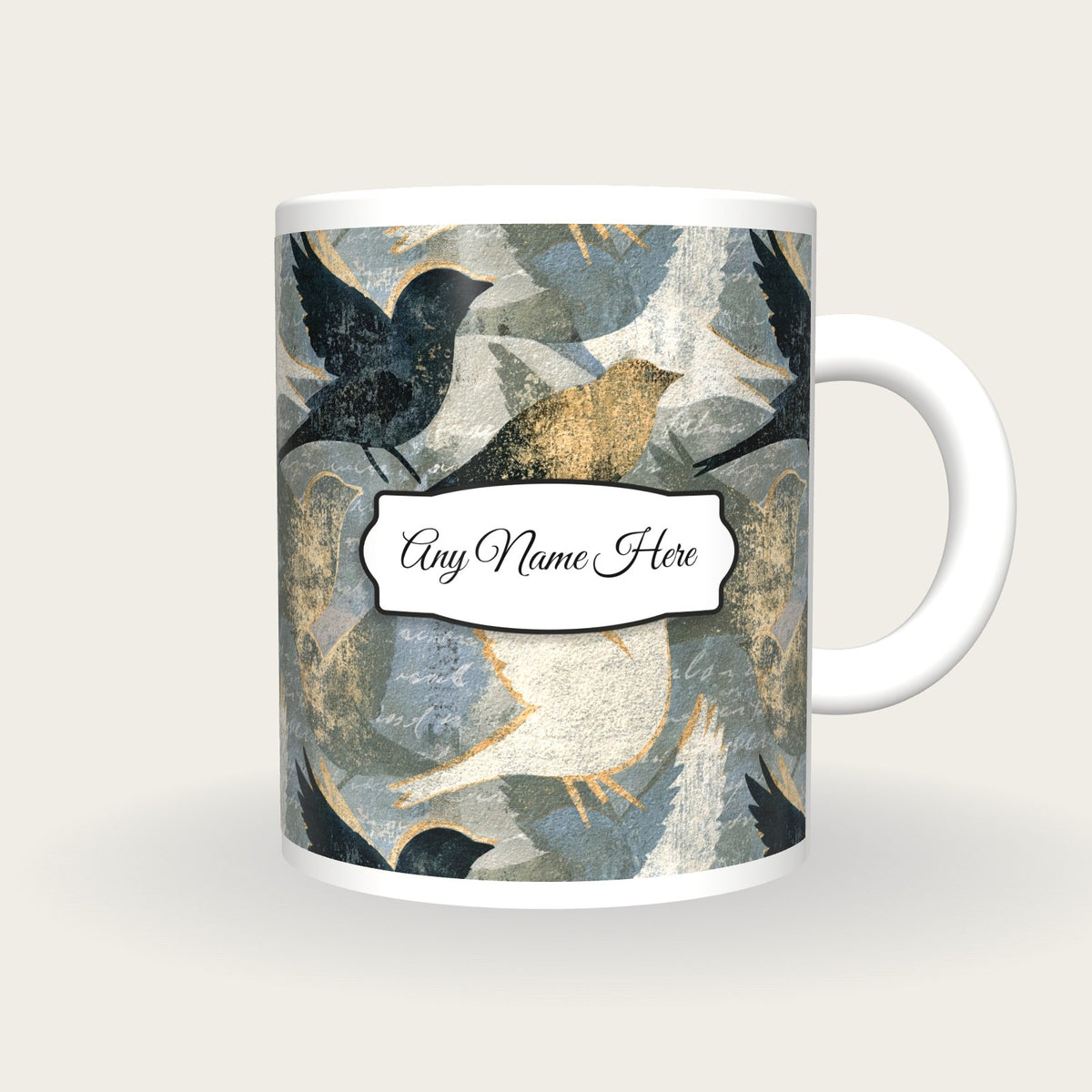 Risograph Lovebirds Name Mug, front with the name label