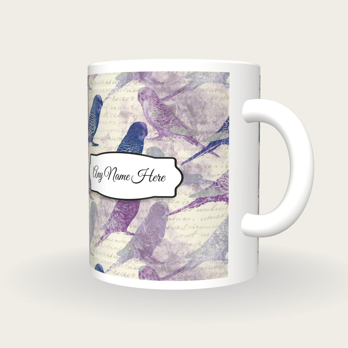 Monoprint Budgerigars Name Mug, three-quarter view
