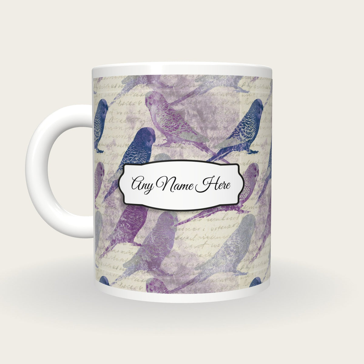 Monoprint Budgerigars Name Mug, back with the second name label