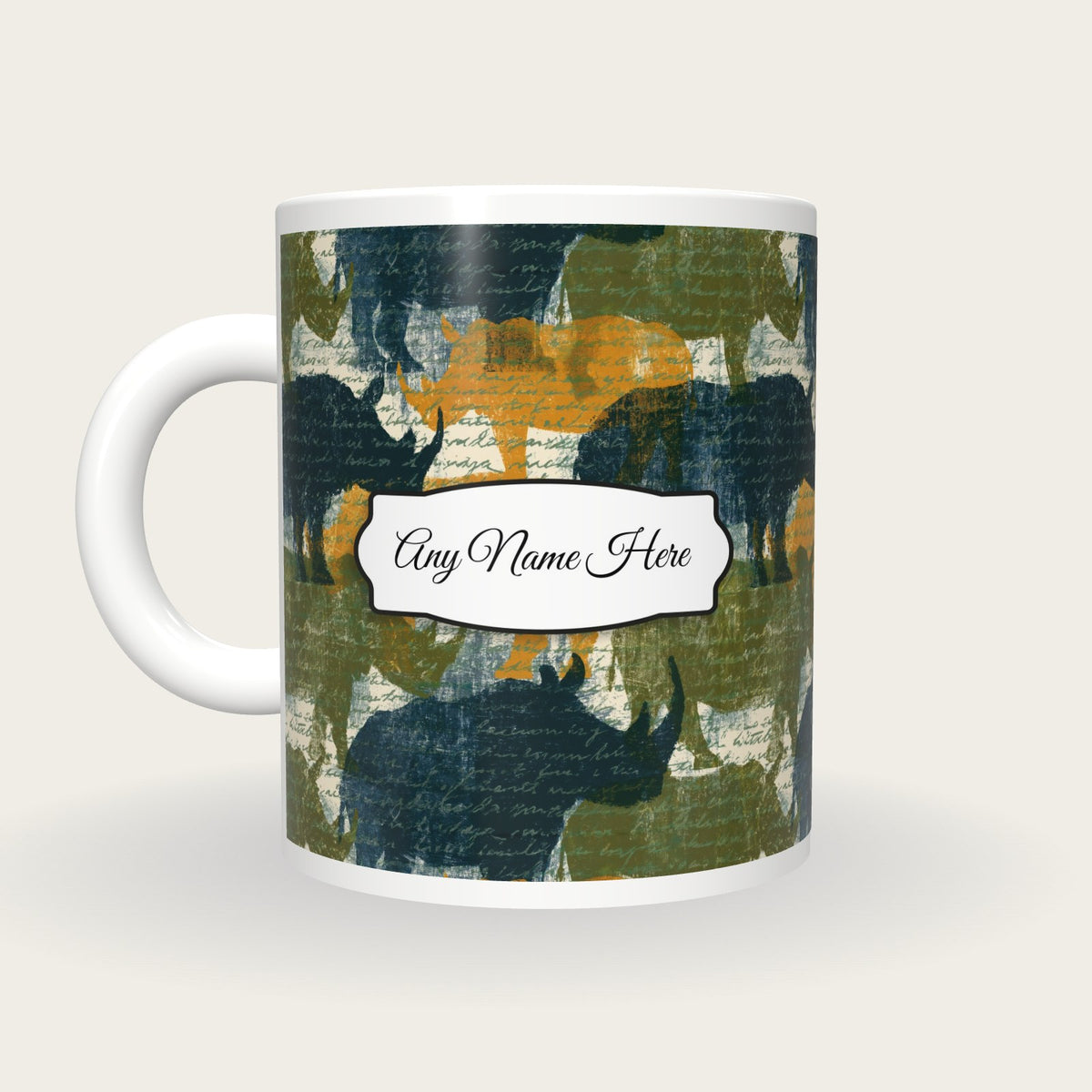 Scratchboard Rhino Name Mug, back with the second name label
