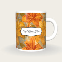 Monoprint Lilies Name Mug, front with the name label