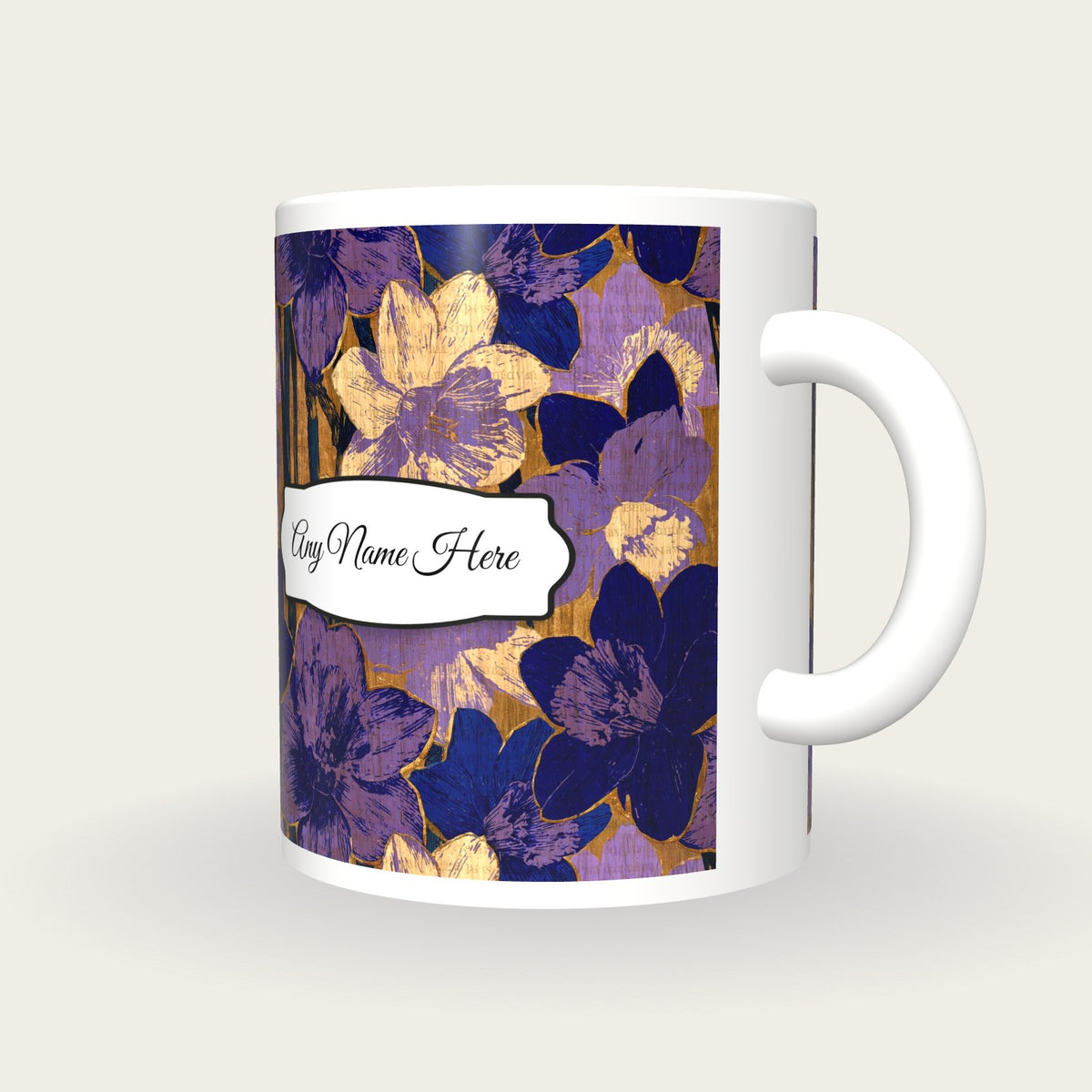 Pyrography Daffodil Name Mug 2, three-quarter view