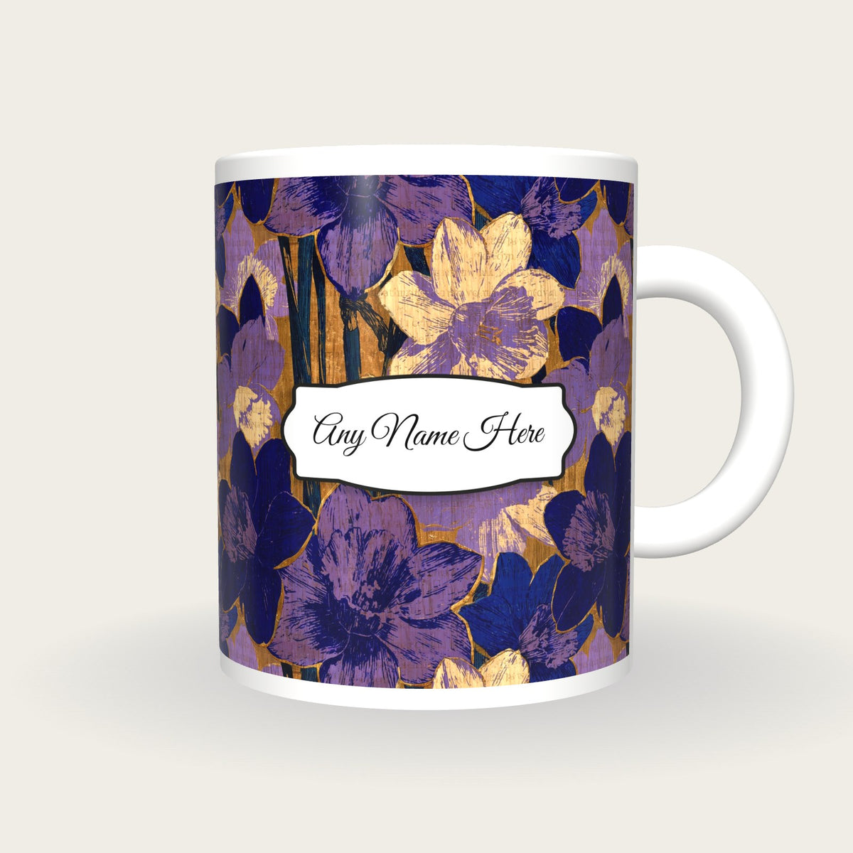 Pyrography Daffodil Name Mug 2, front with the name label