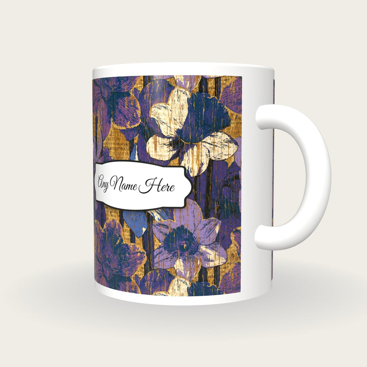 Pyrography Daffodil Name Mug 3, three-quarter view