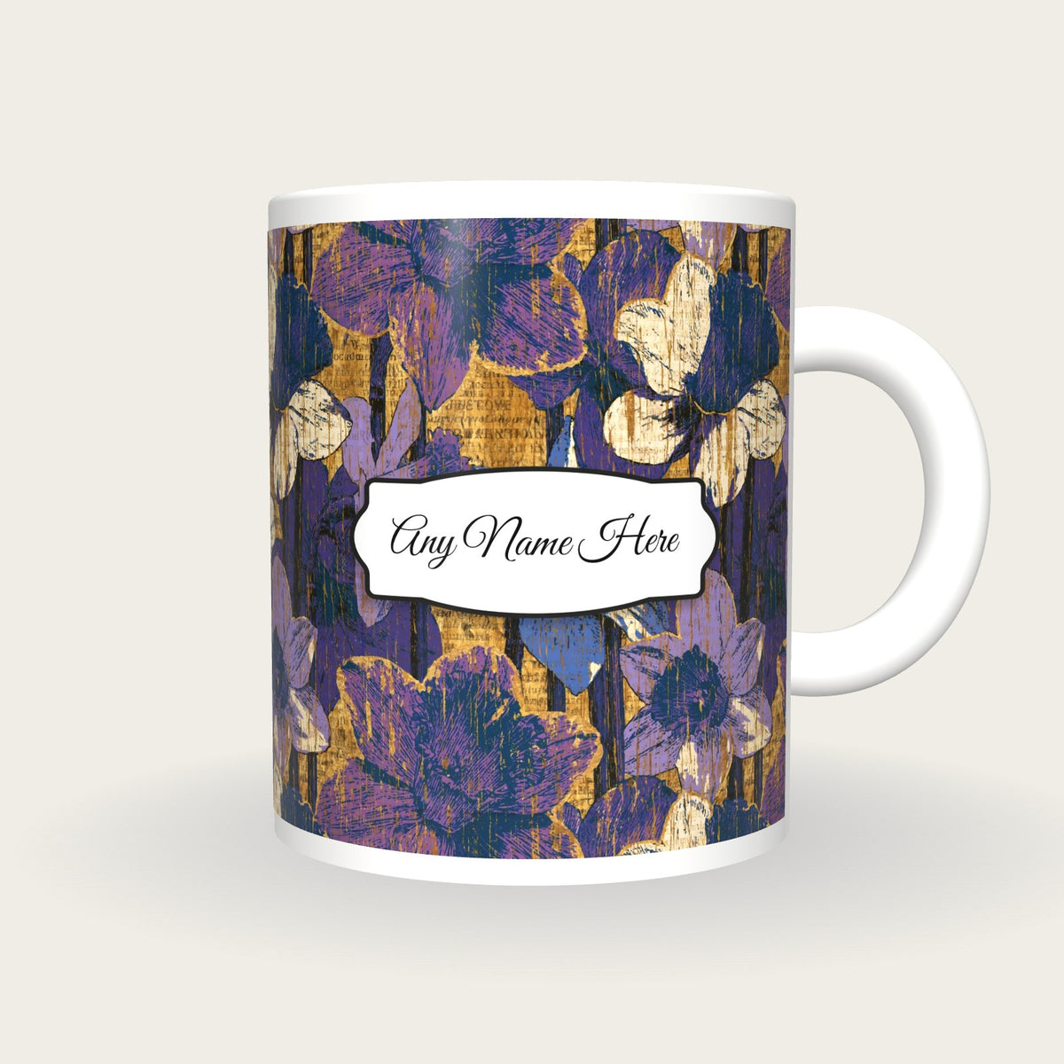 Pyrography Daffodil Name Mug 3, front with the name label