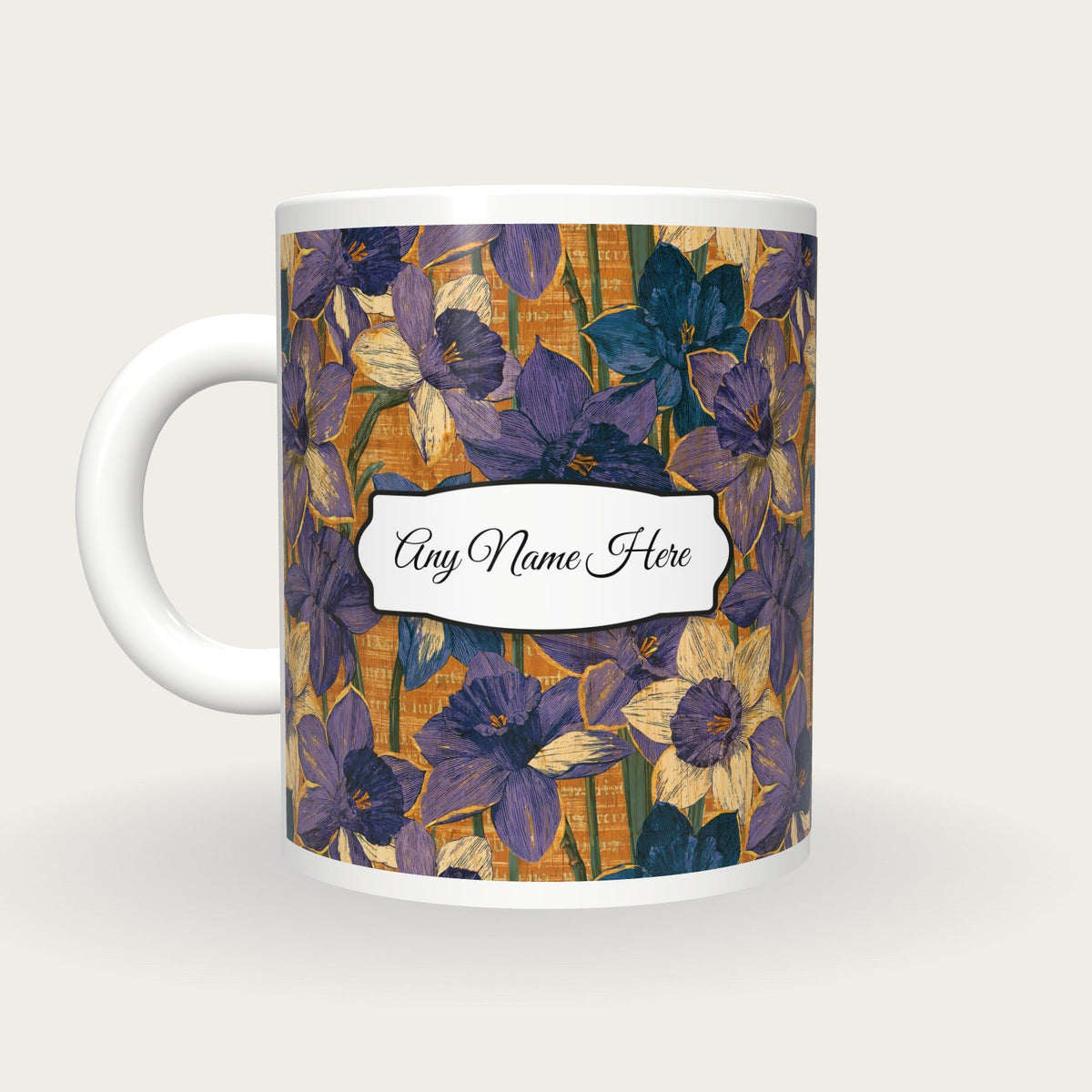 Pyrography Daffodil Name Mug, back with the second name label