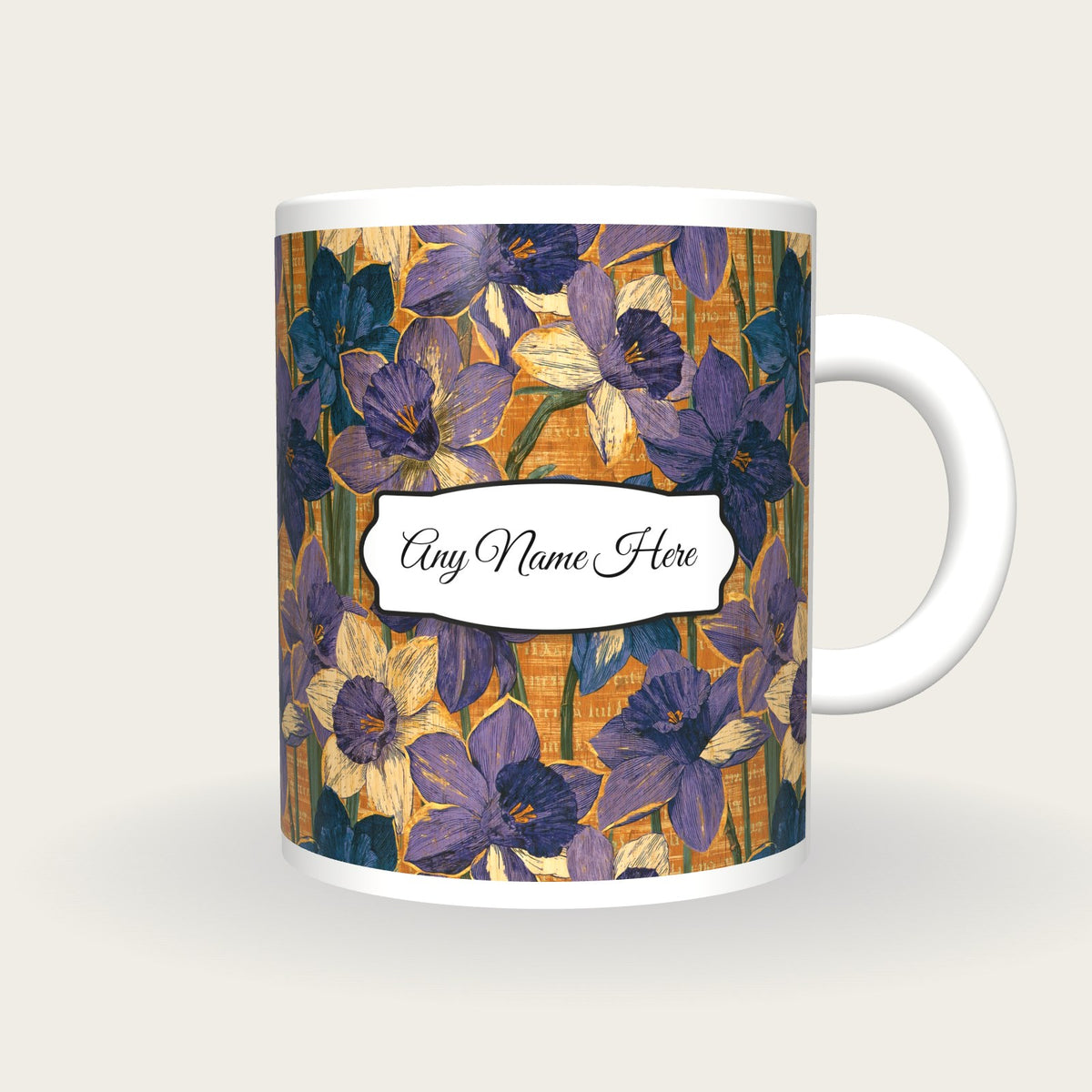 Pyrography Daffodil Name Mug, front with the name label