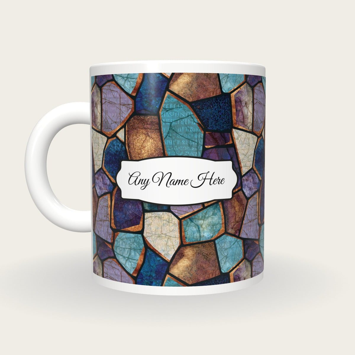 Stained Glass Minerals Name Mug, back with the second name label