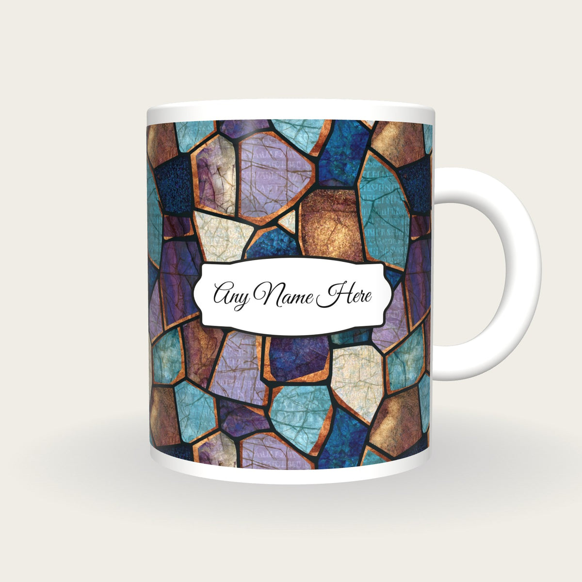 Stained Glass Minerals Name Mug, front with the name label
