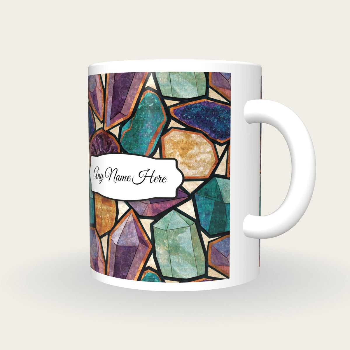 Stained Glass Minerals Name Mug 2, three-quarter view
