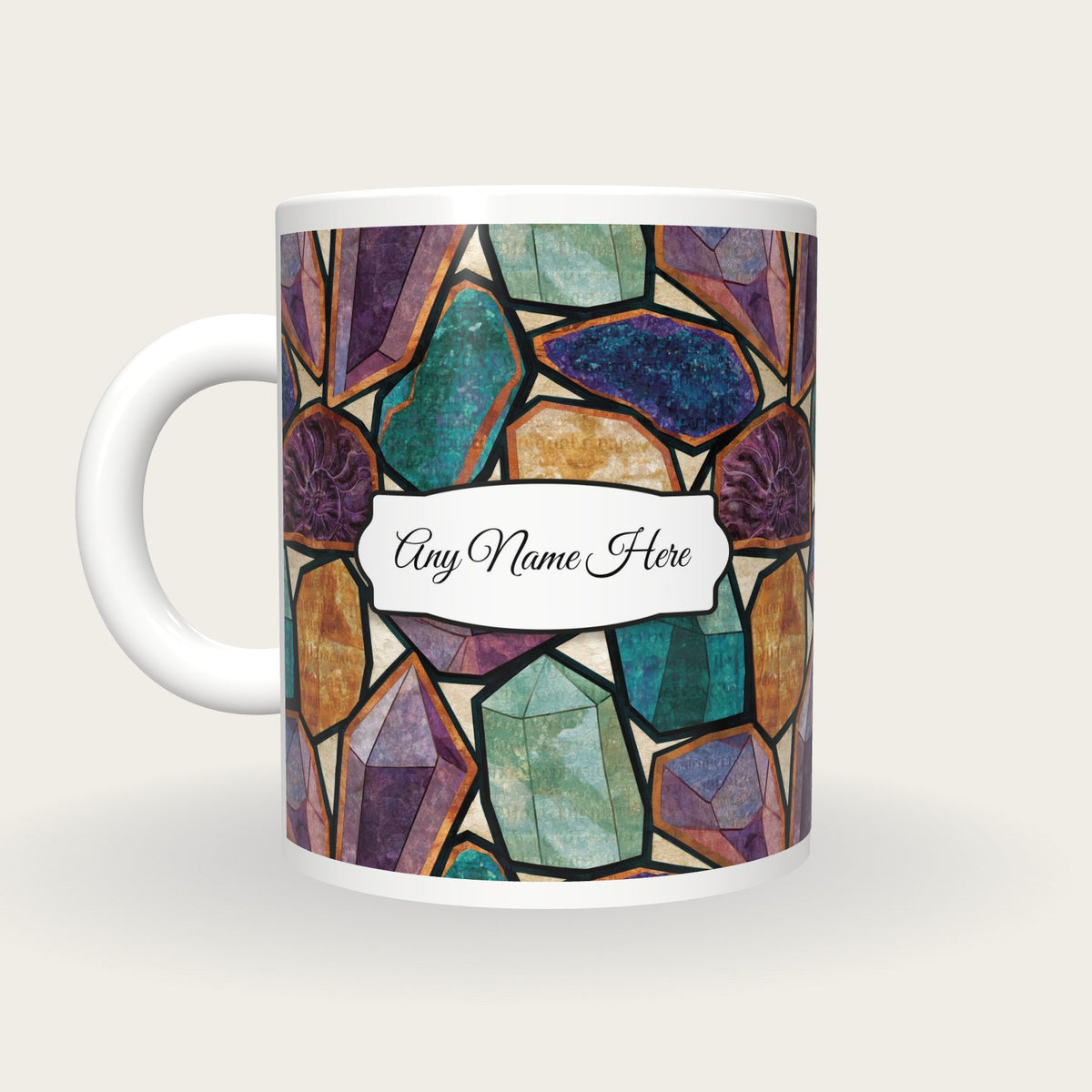 Stained Glass Minerals Name Mug 2, back with the second name label