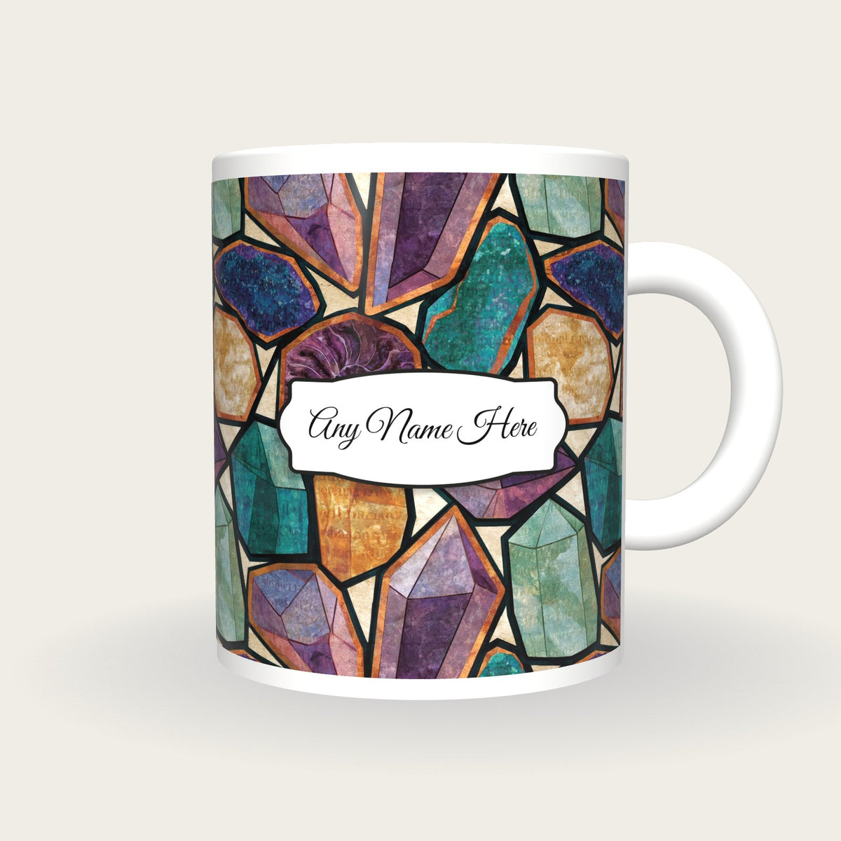 Stained Glass Minerals Name Mug 2, front with the name label