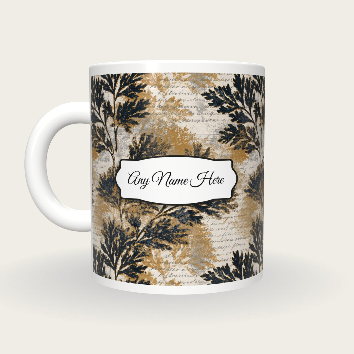 Naturalist Moss Abstract Name Mug, back with the second name label