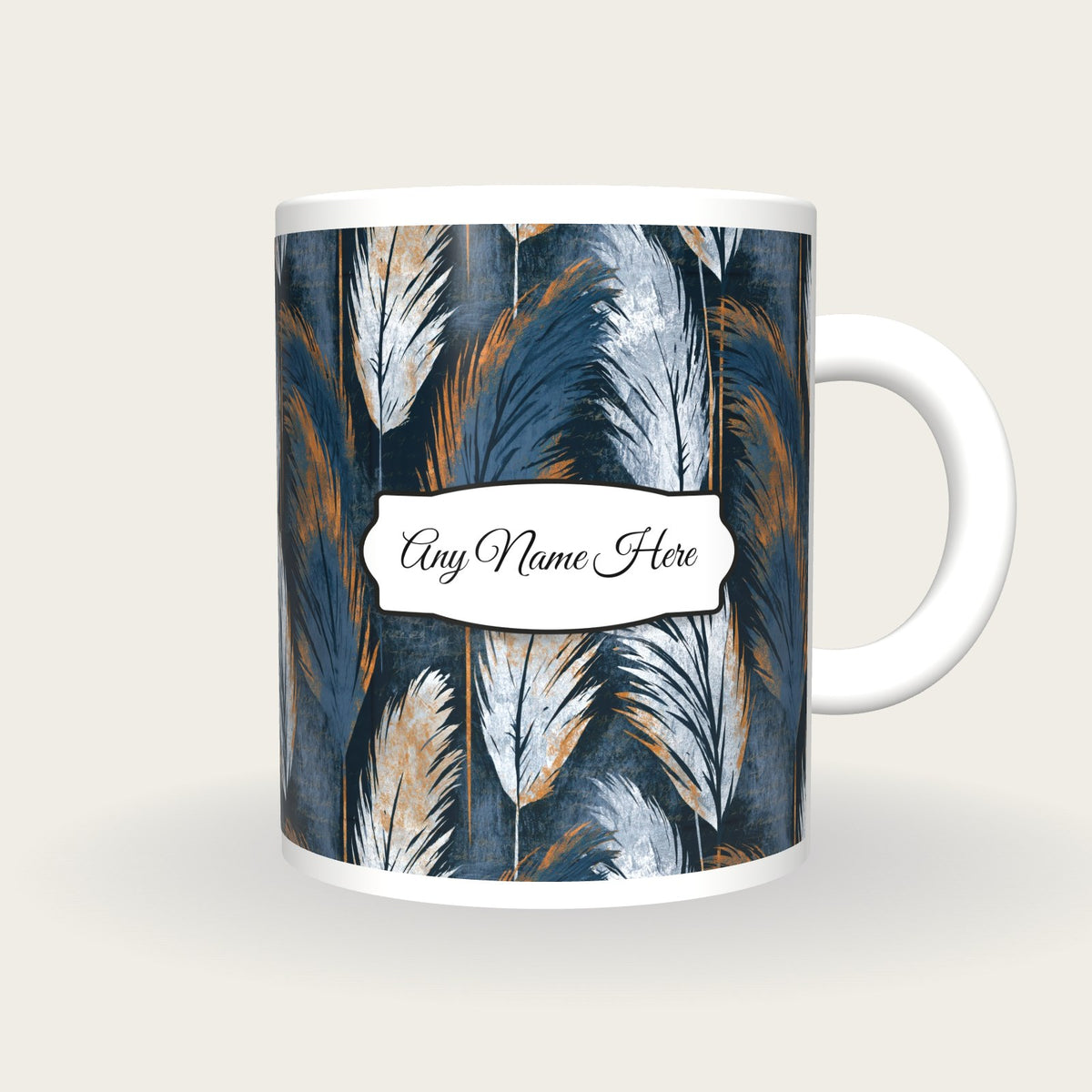 Screenprint Pampas Grass Name Mug, front with the name label