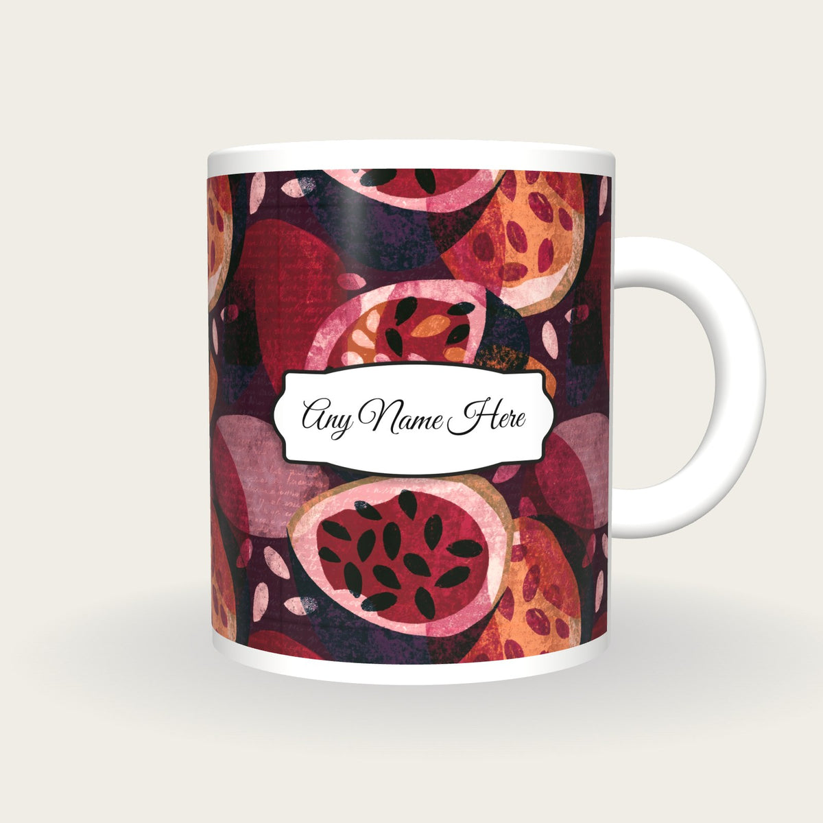 Screenprint Passion Fruit Name Mug, front with the name label