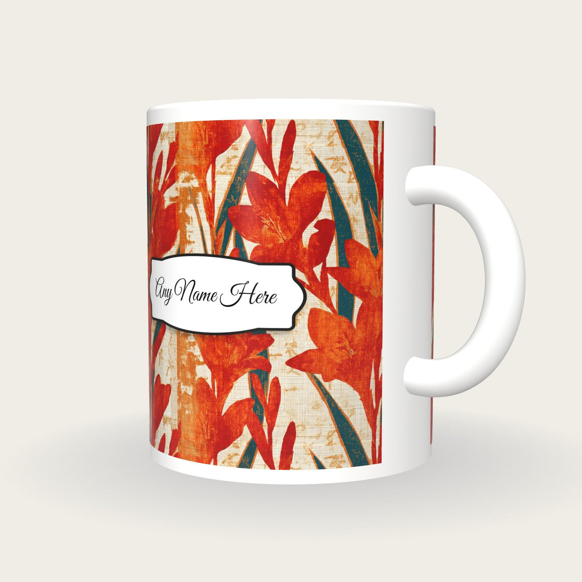 Woodblock Gladioli Name Mug, three-quarter view