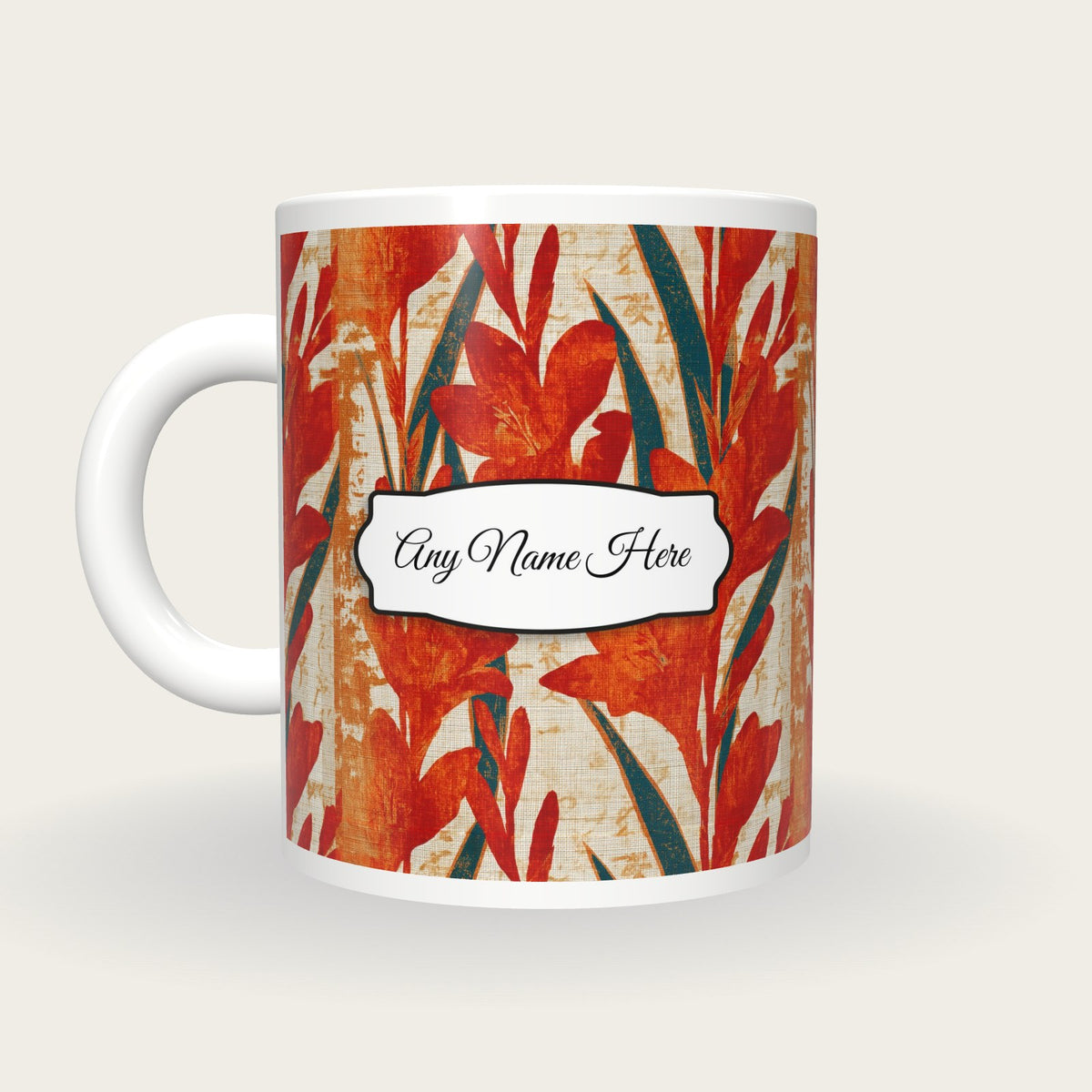 Woodblock Gladioli Name Mug, back with the second name label