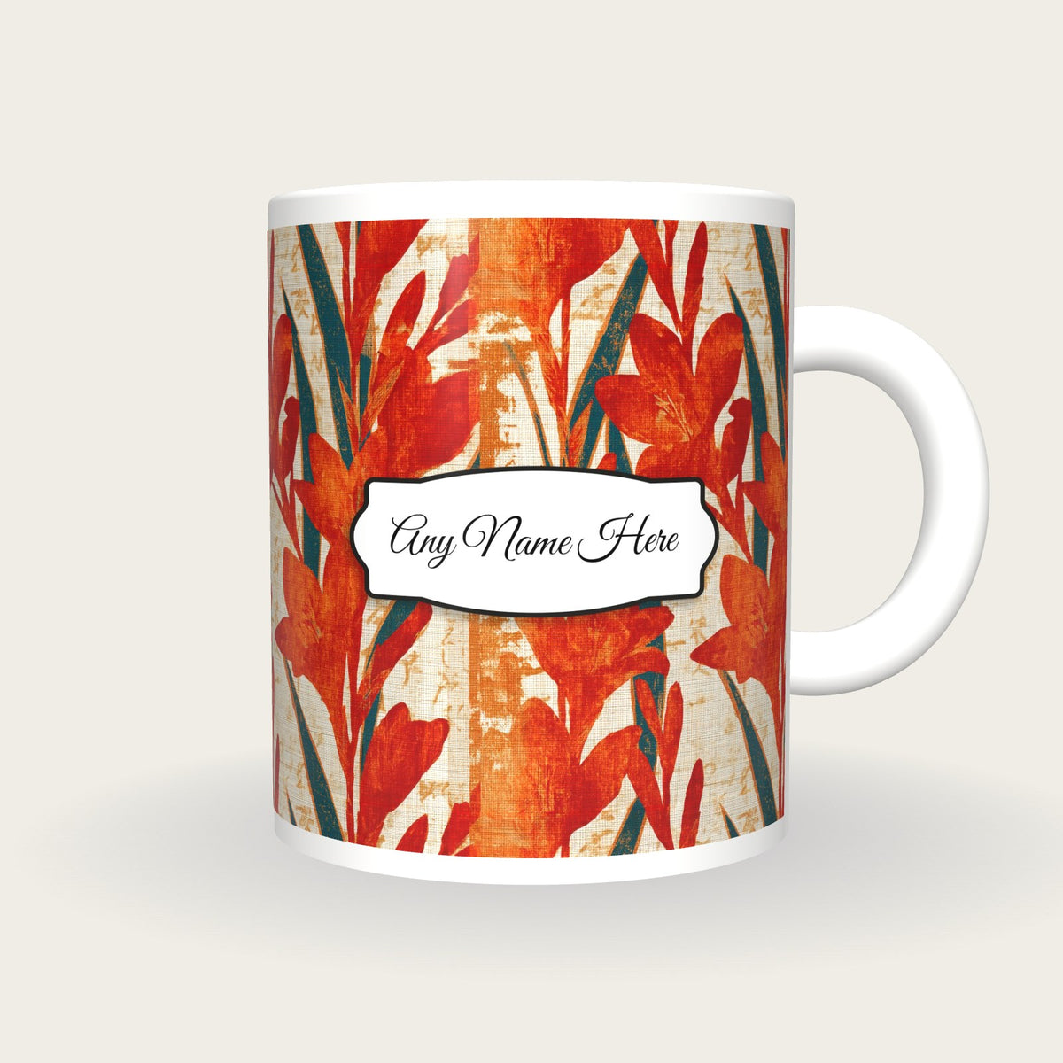 Woodblock Gladioli Name Mug, front with the name label