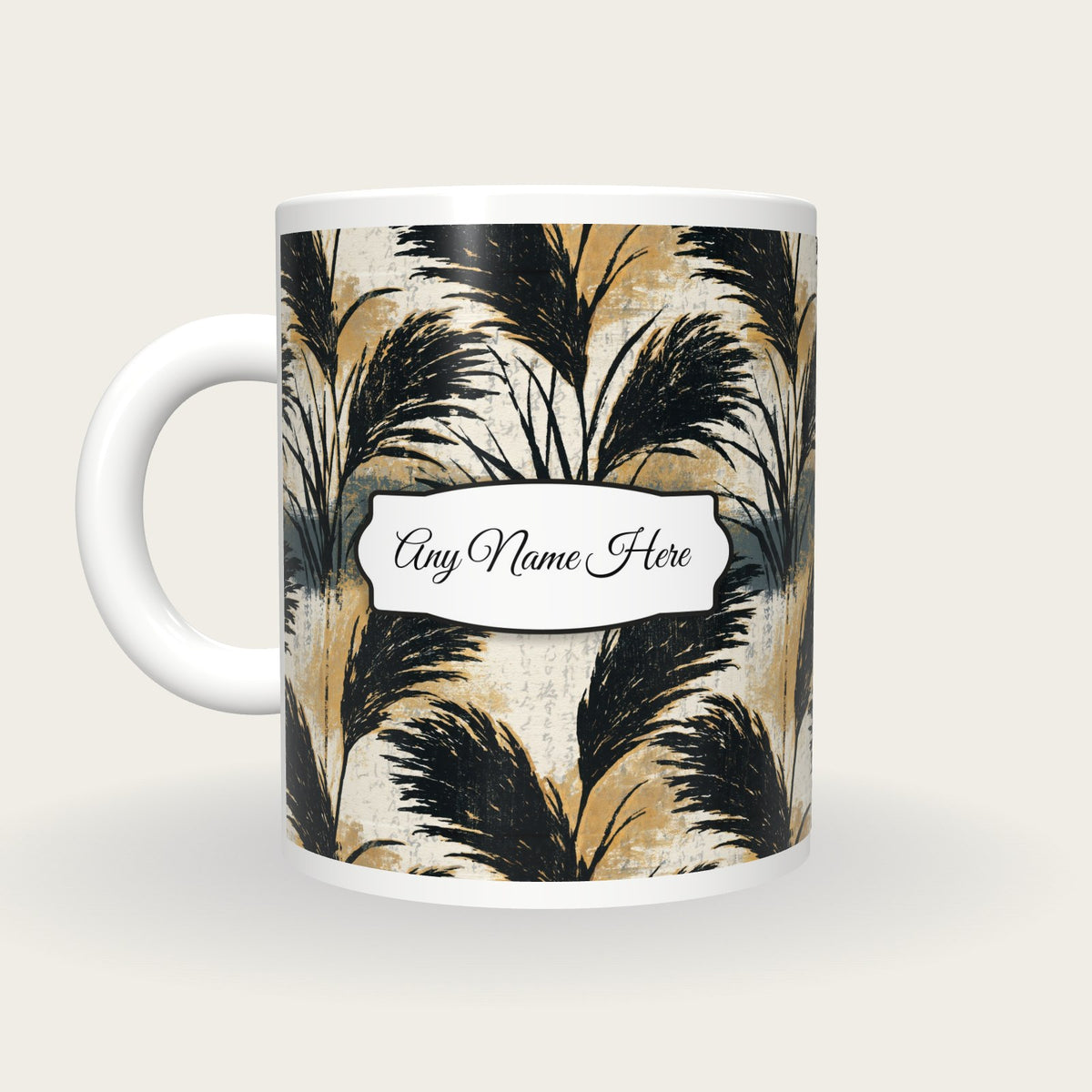 Woodcut Pampas Grass Name Mug 4, back with the second name label