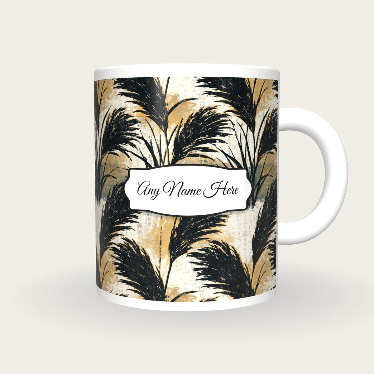 Woodcut Pampas Grass Name Mug 4, front with the name label