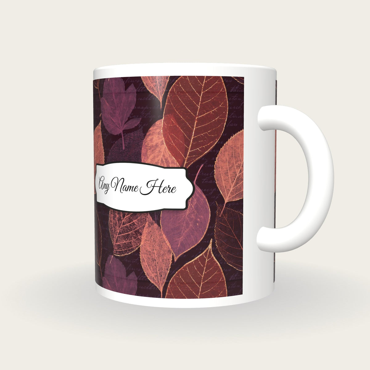 Layered Pressed Leaves Name Mug, three-quarter view
