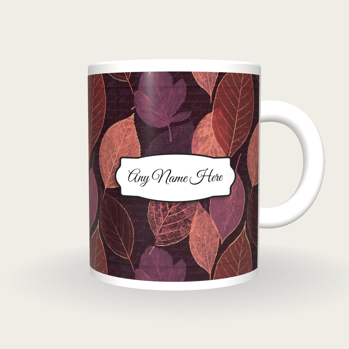 Layered Pressed Leaves Name Mug, front with the name label