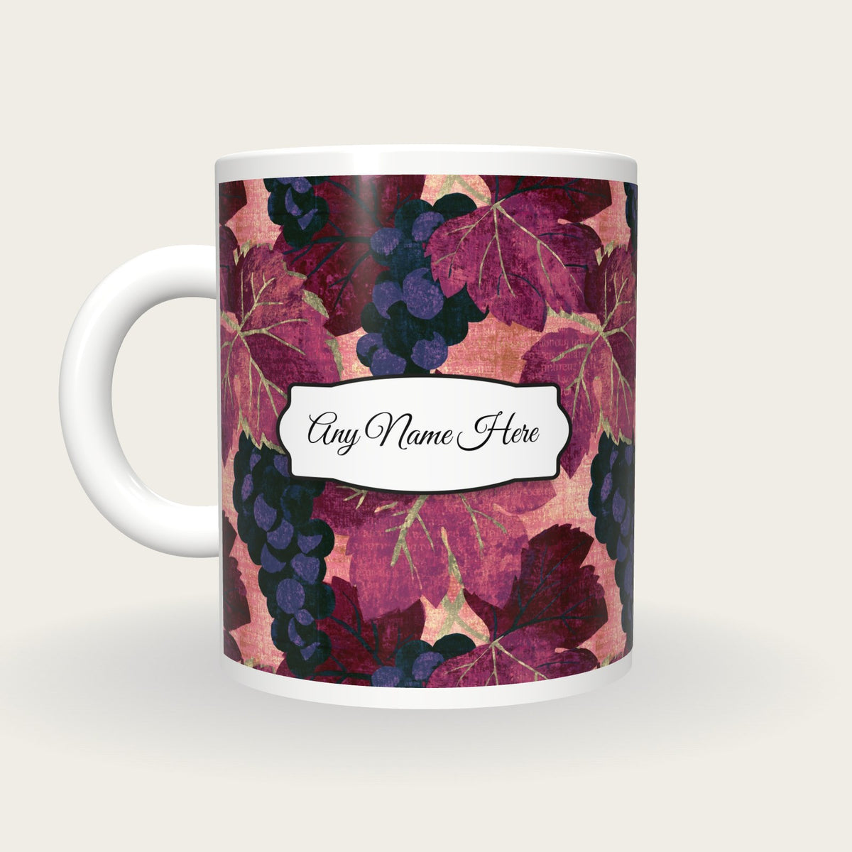 Screenprint Grapes Name Mug, back with the second name label