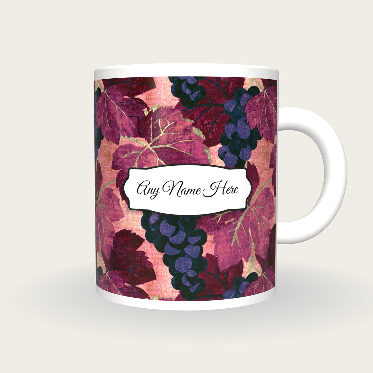 Screenprint Grapes Name Mug, front with the name label